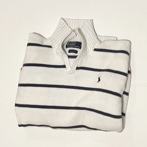White & Navy Striped Knit Polo Sweater by RL